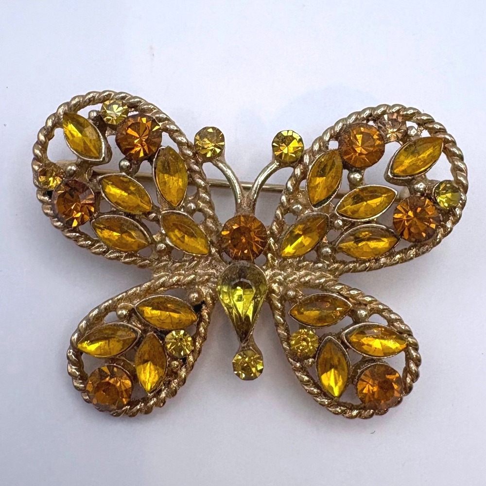 Vintage Juliana DE Butterfly Brooch Topaz Amber Rhinestone Pin Mid Century Gold